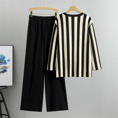 Black - Striped Split Hem Two Piece Set