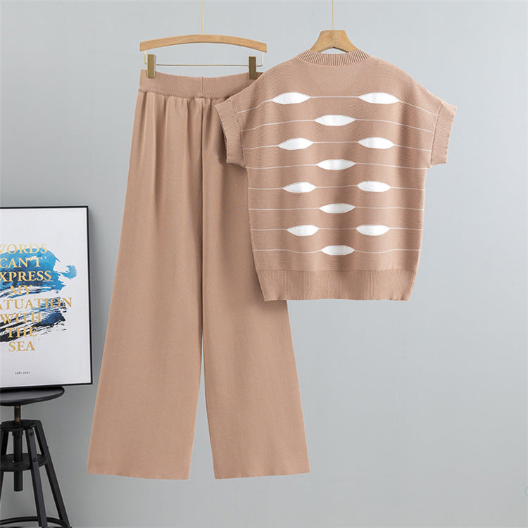 Khaki – Striped Short-sleeve Two Piece Set