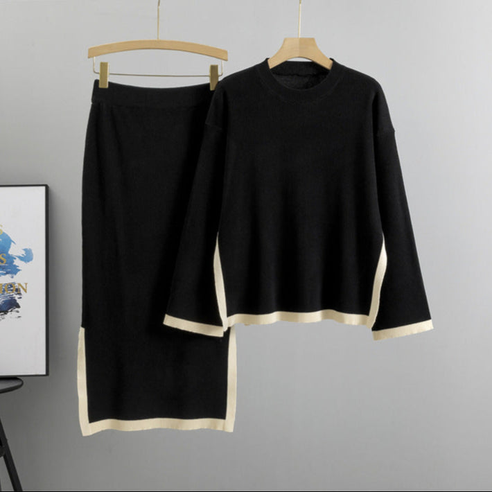 Black - Contrast Round-neck Two Piece Set