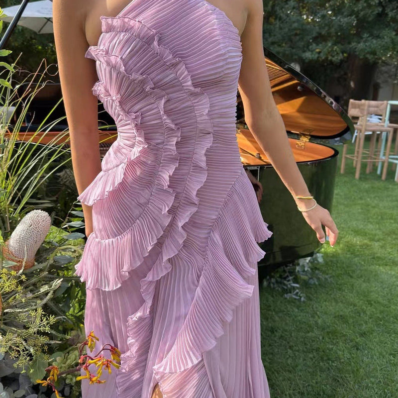 Halter Neck Pleated Maxi Dress _ High-quality Purple Vacation Dress