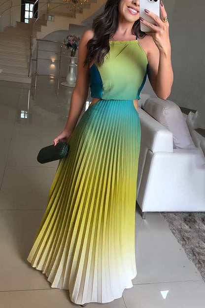 Fashionable Backless Tie Gradient Pleated Maxi Dress
