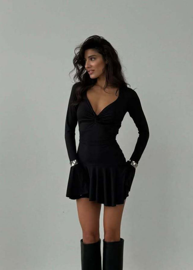 Twist-front Long Sleeve Mini Dress