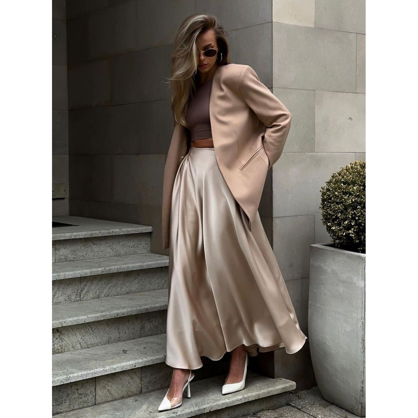 High-waisted Satin Long Skirt