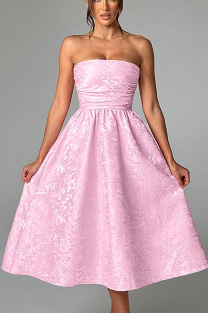 Jacquard Fabric Strapless Open Back Slim Midi Dress