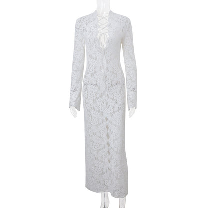 Garcelle Lace Lace-up Long Bell Sleeve Slit Midi Dress