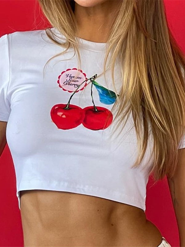 Sweet Cherry Print Crop Short Sleeve T-shirt