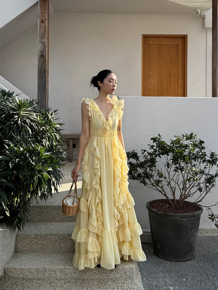 Sunset Ruffle Asymmetrical Maxi Dress _ Romantic Flowy Vacation Look Gunne Sax Dress