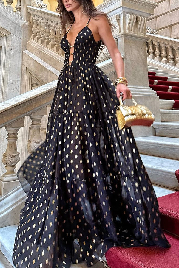 Party Charm Polka Dot Black Design Chiffon Gold Polka Dot Print Hollow Out Lightweight Long Skirt