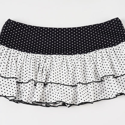 Polka Dot Patchwork Color Block Tiered Slim Mini Skirt