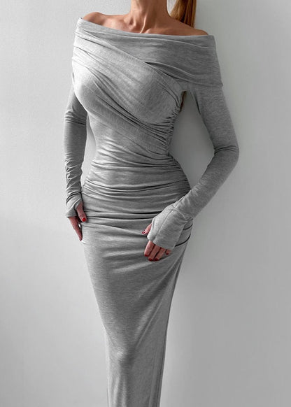 Burgundy Off-shoulder Ruched Maxi Dress