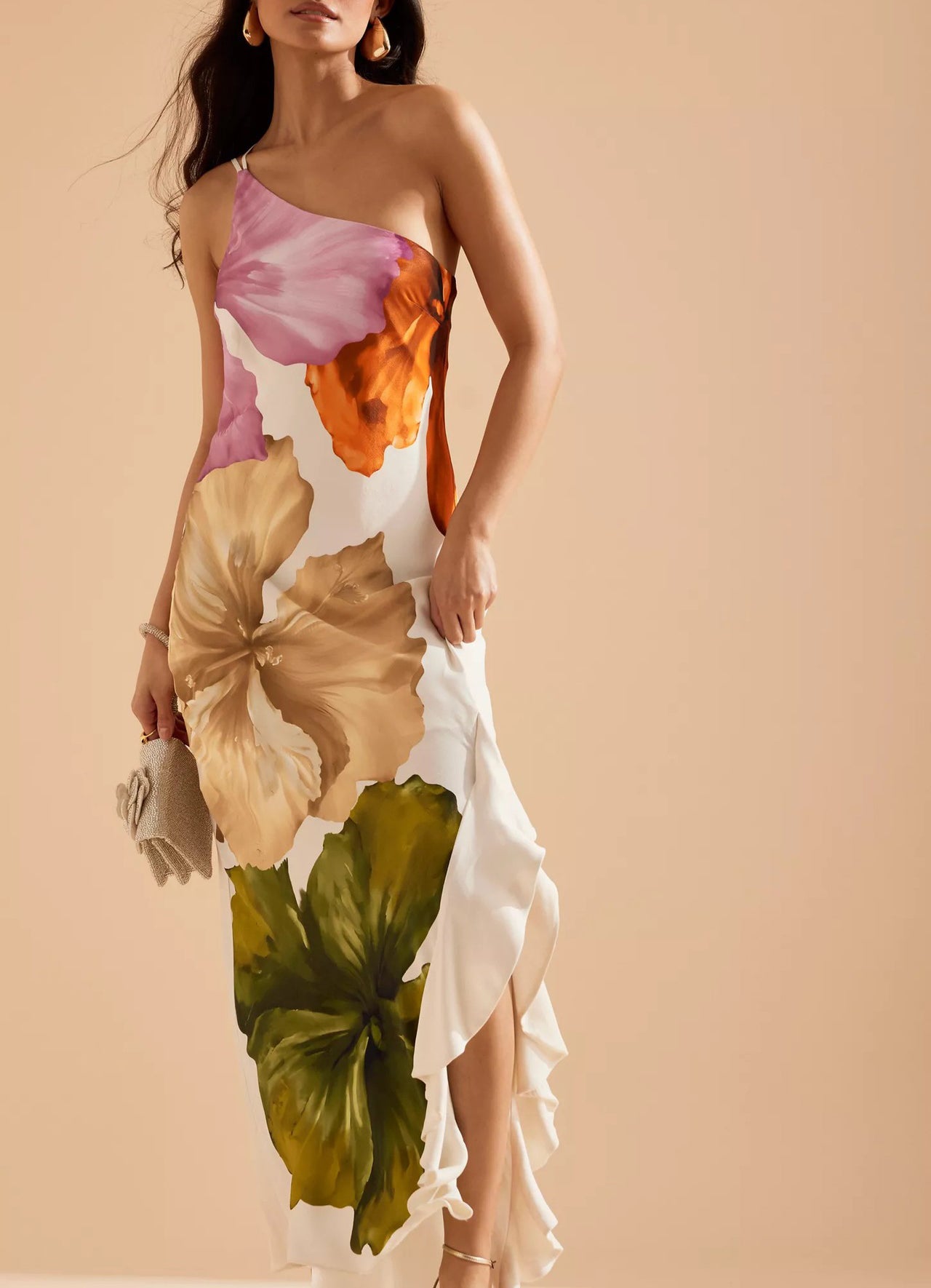 ' Design Flower Printed Single Shoulder Side Ruffle Long Dress