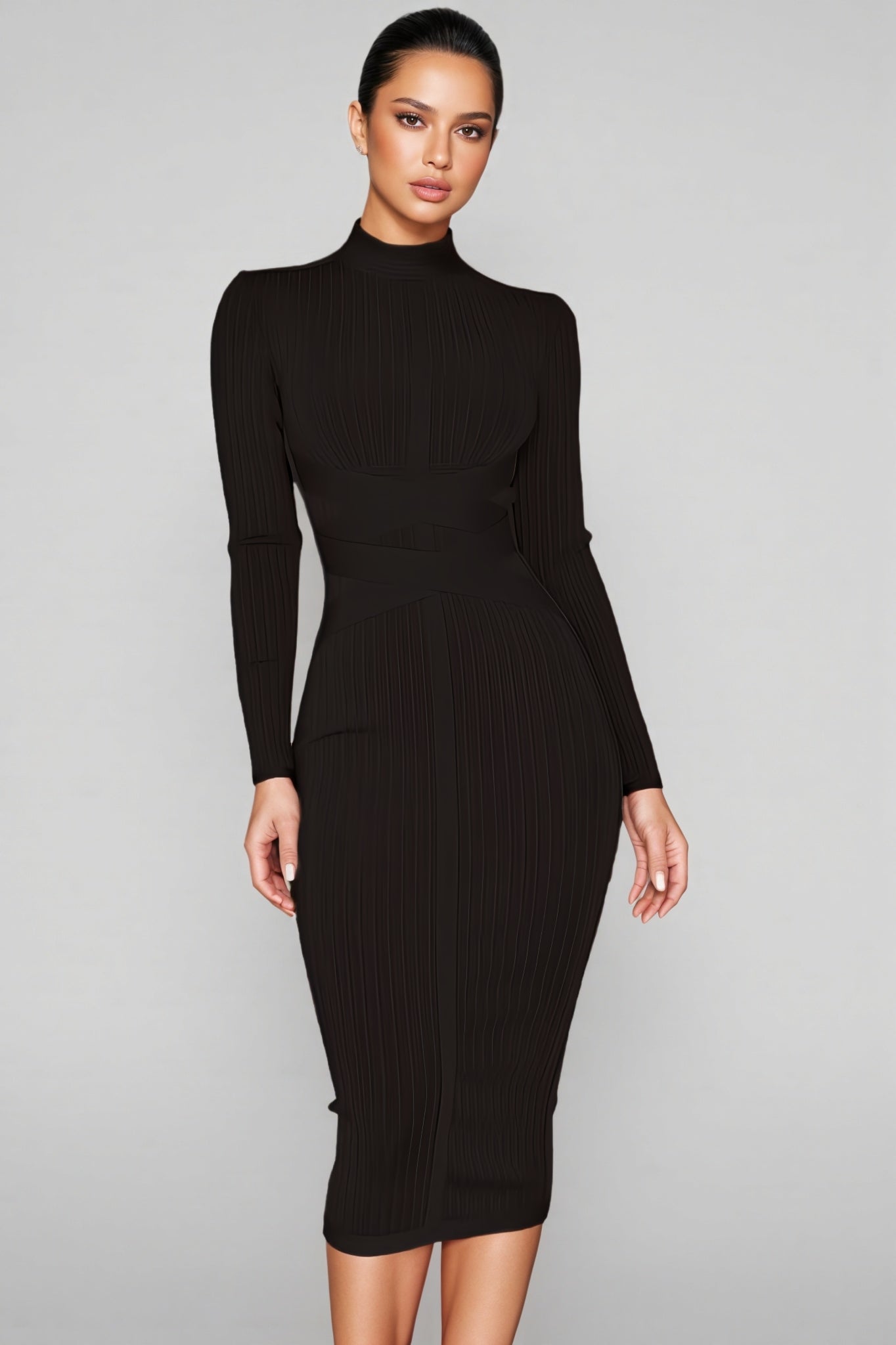 Elira Colour Stand Collar Midi Dress-black