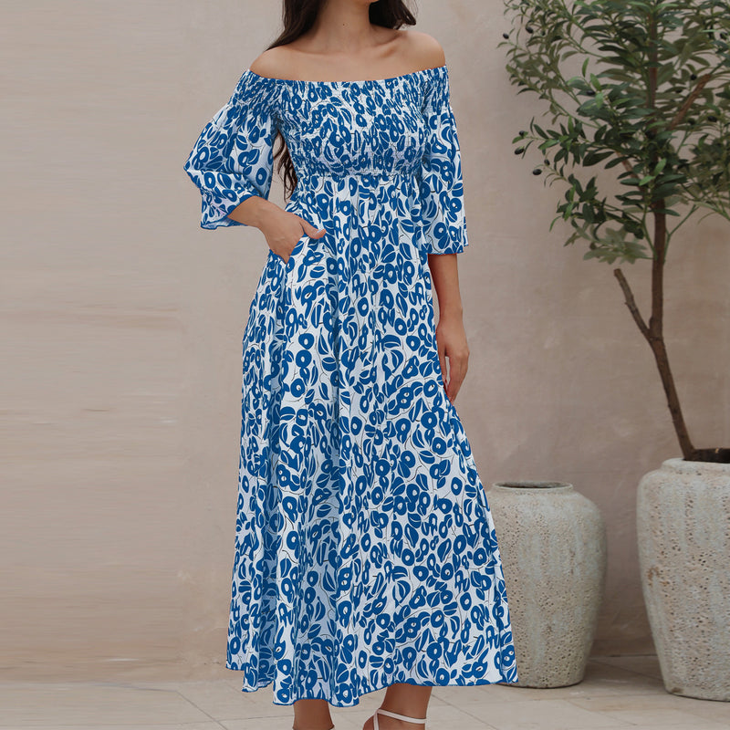 ' Vacation Flower Street Printed Off Shoulder Waist Pocket Long Dress