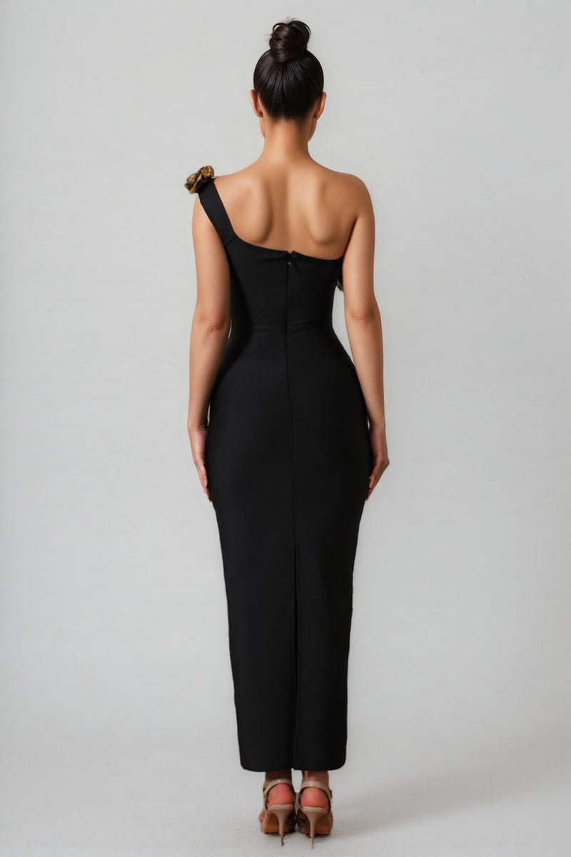 Omi One Shoulder Flowers Bandage Midi Dress