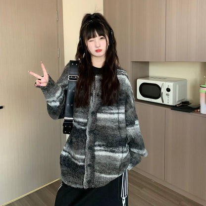Oversized Fuzzy Striped Button-up Cardigan