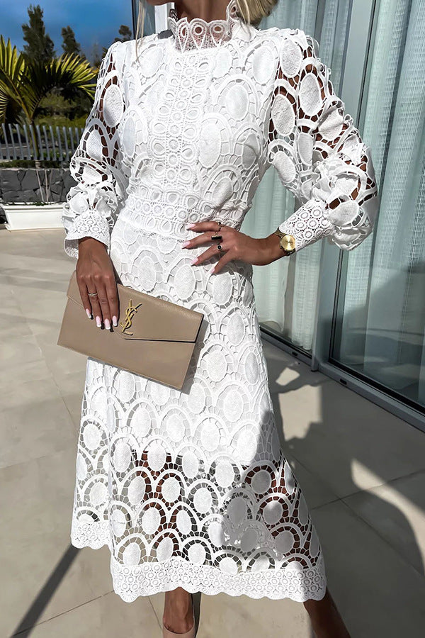 French Party Sensual Party Crochet Lace Lantern Sleeves Party Midi Skirt
