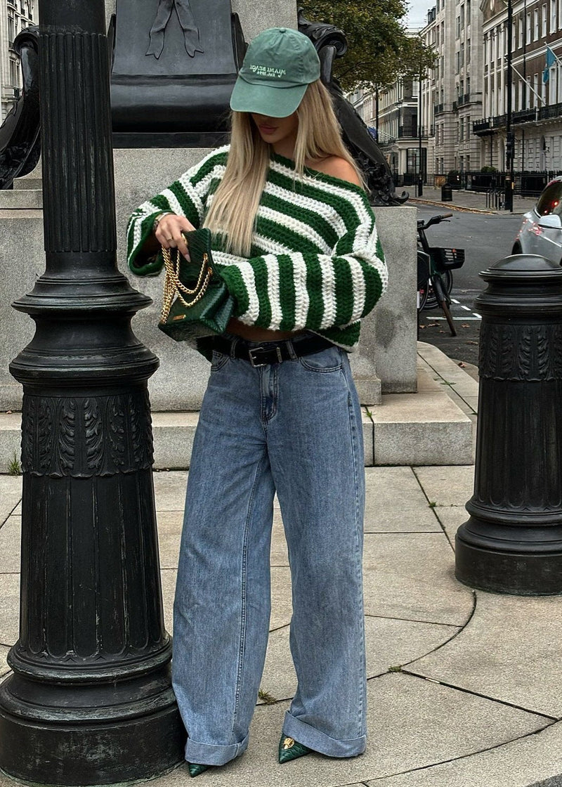 Striped Off-shoulder Knit Sweater