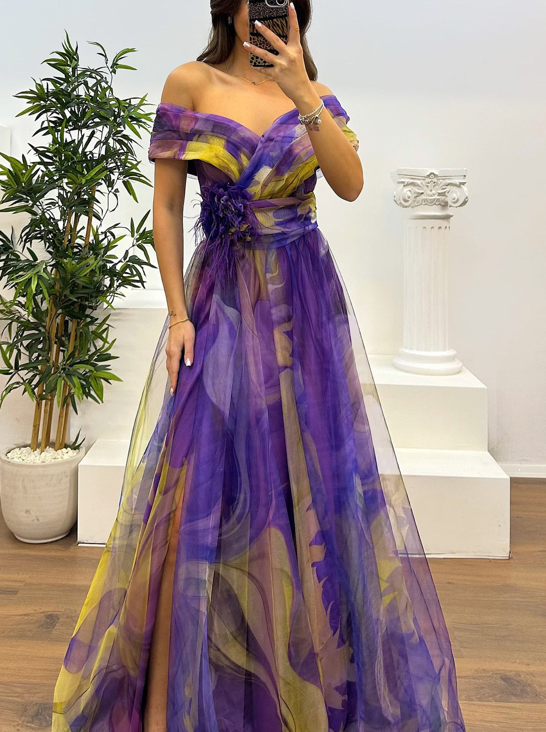 Fairy Flower Feather Pendant Fallen Fold Off Shoulder Party Split Design Long Dress