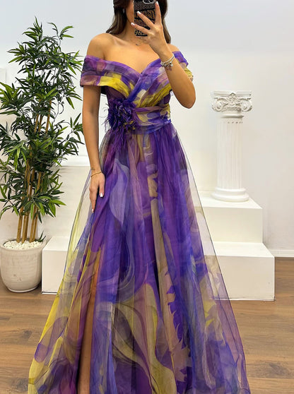 Fairy Flower Feather Pendant Fallen Fold Off Shoulder Party Split Design Long Dress