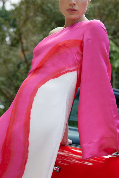 ' Fashionable and Contrasting Printed Single Sleeve Slit Long Skirt