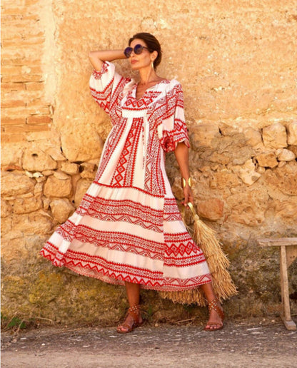 Fashionable Street Picnic Bubble Sleeve Layered Party Midi Dress