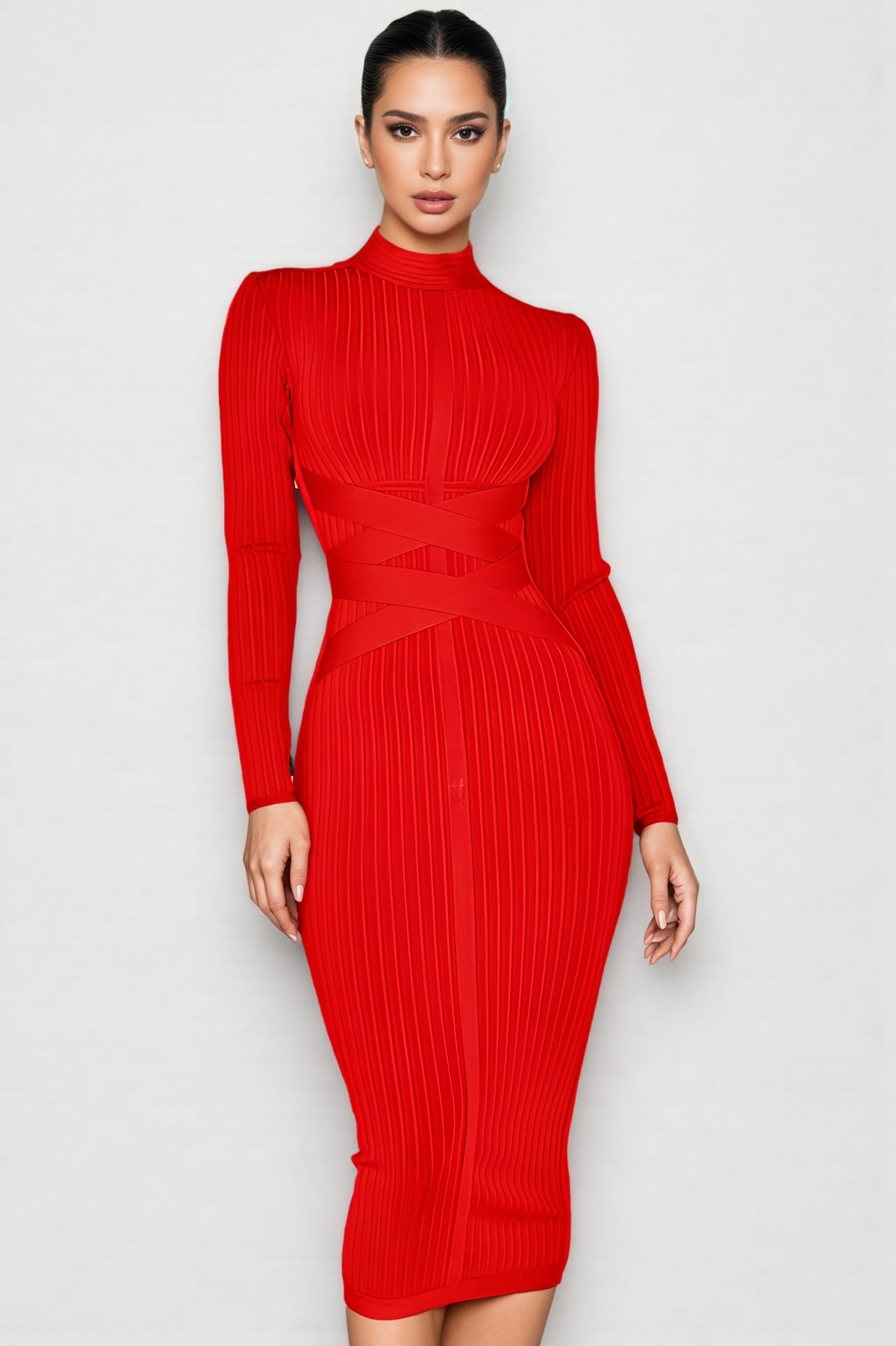 Layra Colour Stand Collar Midi Dress-red