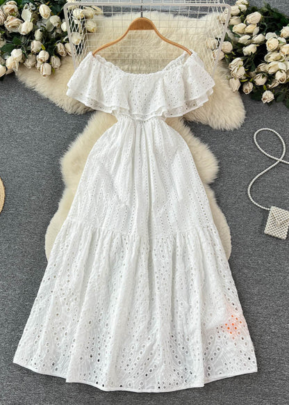 Lunara Eyelet Off-shoulder Dress – White Ruffle Midi