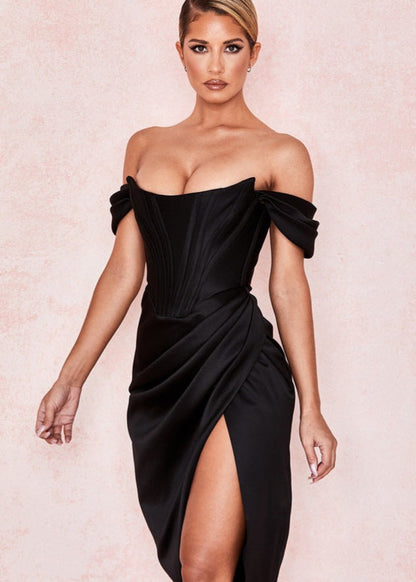 Midnight Elegance - Off-shoulder Satin Corset Dress