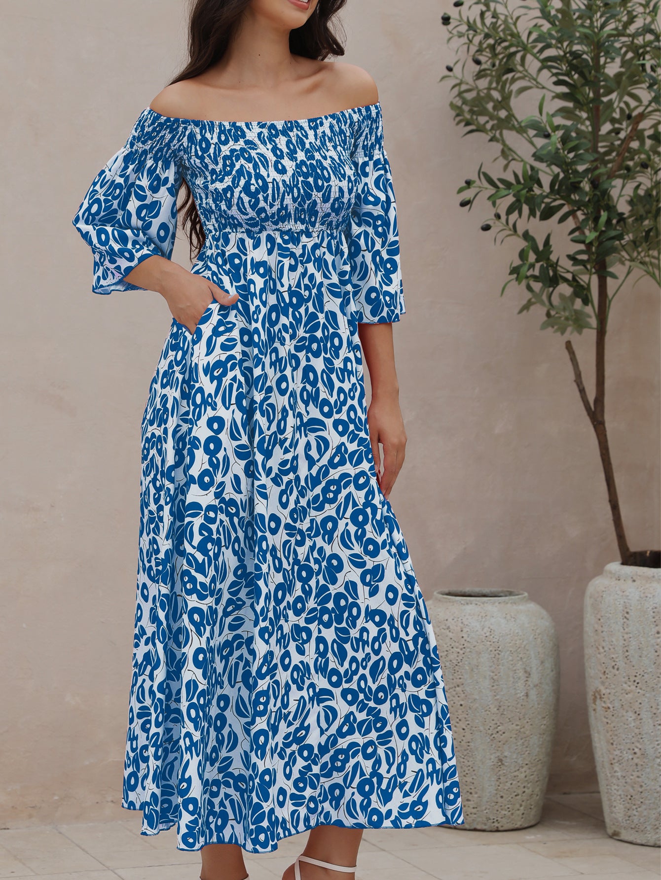 ' Vacation Flower Street Printed Off Shoulder Waist Pocket Long Dress