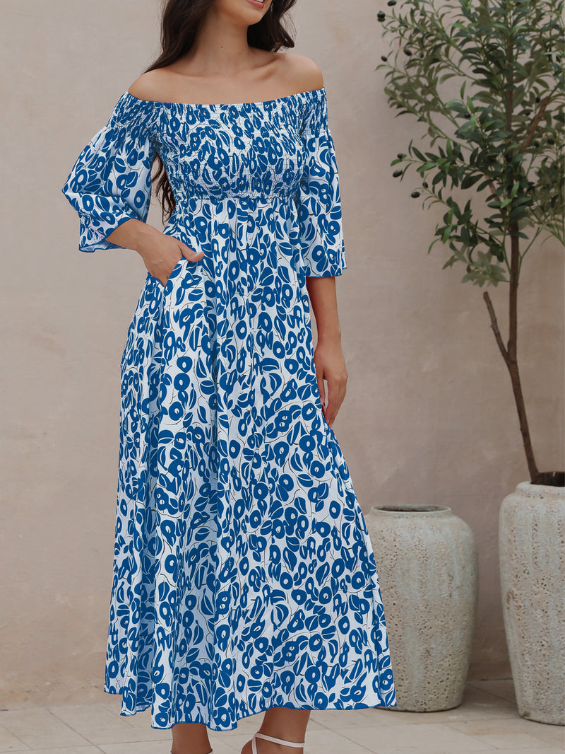 ' Vacation Flower Street Printed Off Shoulder Waist Pocket Long Dress