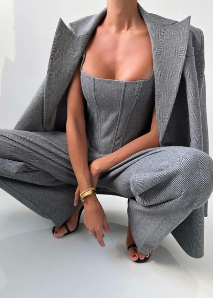 Charcoal Gray Corset Jumpsuit With Matching Blazer