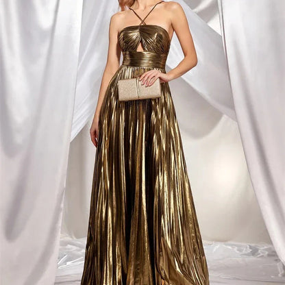 Queen Style Metal Fabric Suspender Strapless Party Hollow Out Pleated Long Skirt