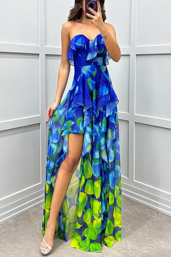Fashionable Party Gradient Unique Printed Flowing Layered Pleated Strapless Slim Fit Long Skirt