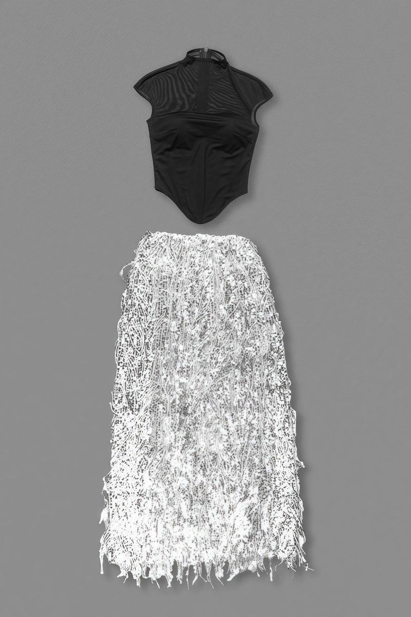 Xenia Fringe Beaded Maxi Dress Two Piece Set