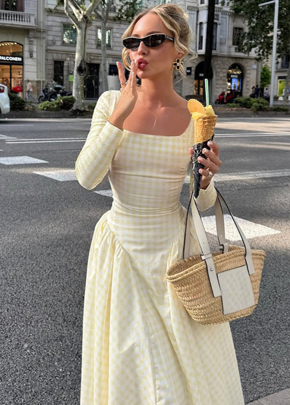 Pink Gingham Long Sleeve Midi Dress – Square Neck Fit and Flare