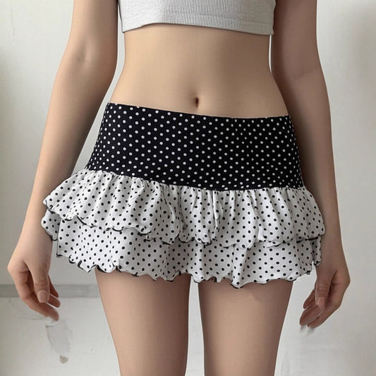 Polka Dot Patchwork Color Block Tiered Slim Mini Skirt