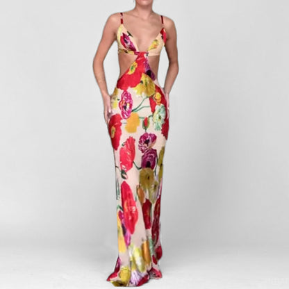Hawaiian Dreams Satin Print Cutout Backless Maxi Dress