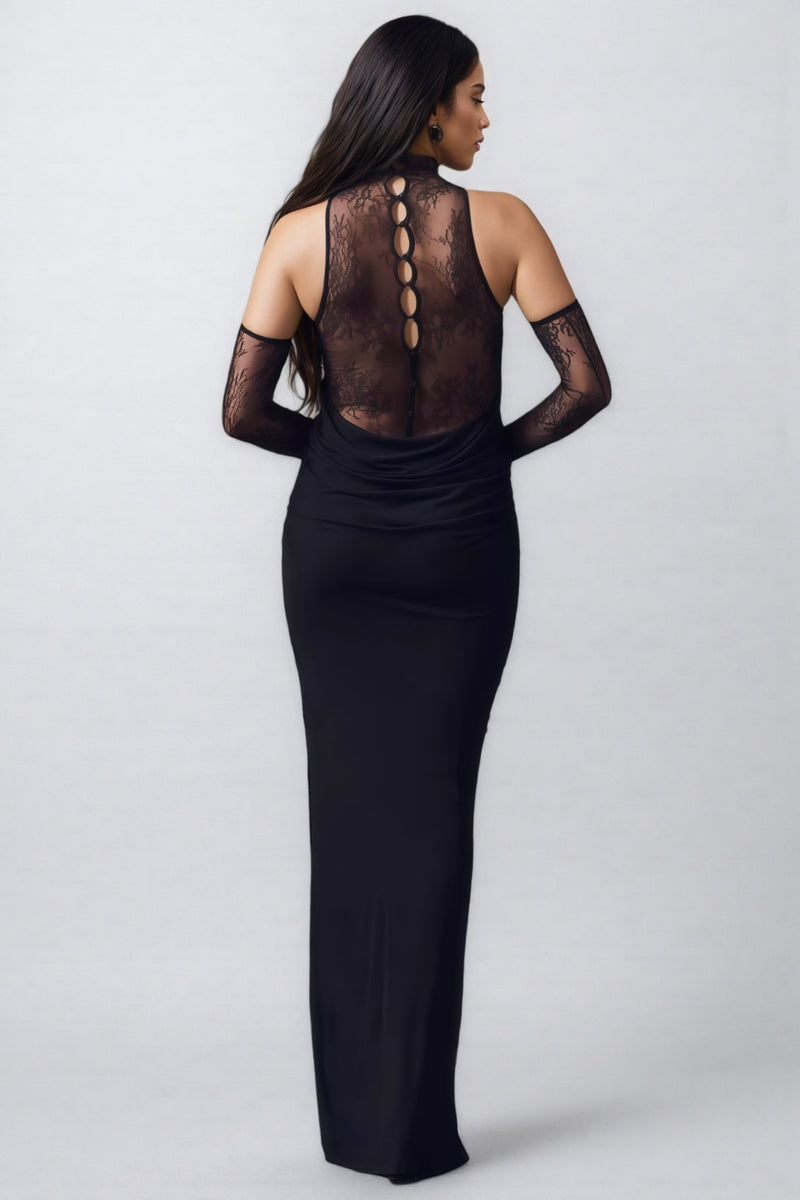 Lazze Black Plunge Cowl Neck Maxi Dress