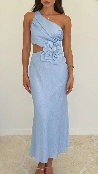 Bloom Summer 3d Flower Ruched One Shoulder Cutout Maxi Dress