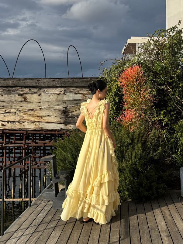 Sunset Ruffle Asymmetrical Maxi Dress _ Romantic Flowy Vacation Look Gunne Sax Dress