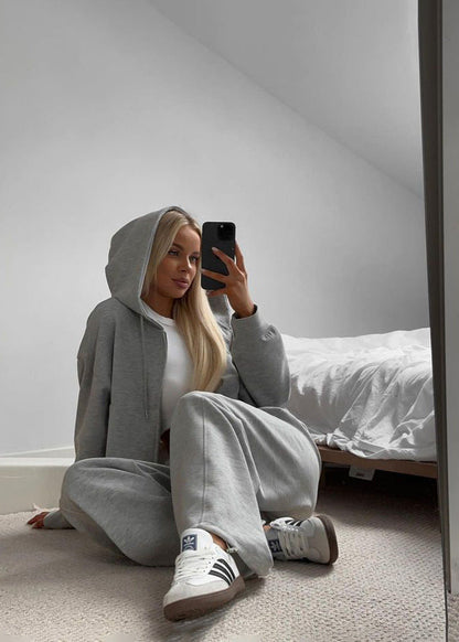 Charcoal Zip-up Hoodie and Wide-leg Pants Set – Cozy Two-piece Loungewear