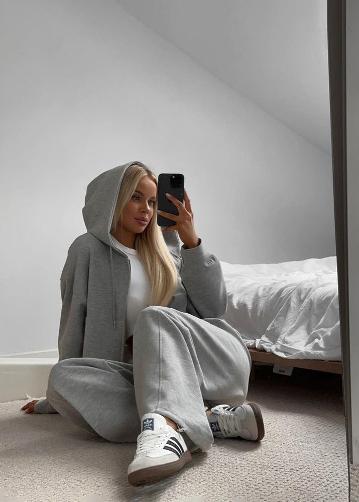 Charcoal Zip-up Hoodie and Wide-leg Pants Set – Cozy Two-piece Loungewear