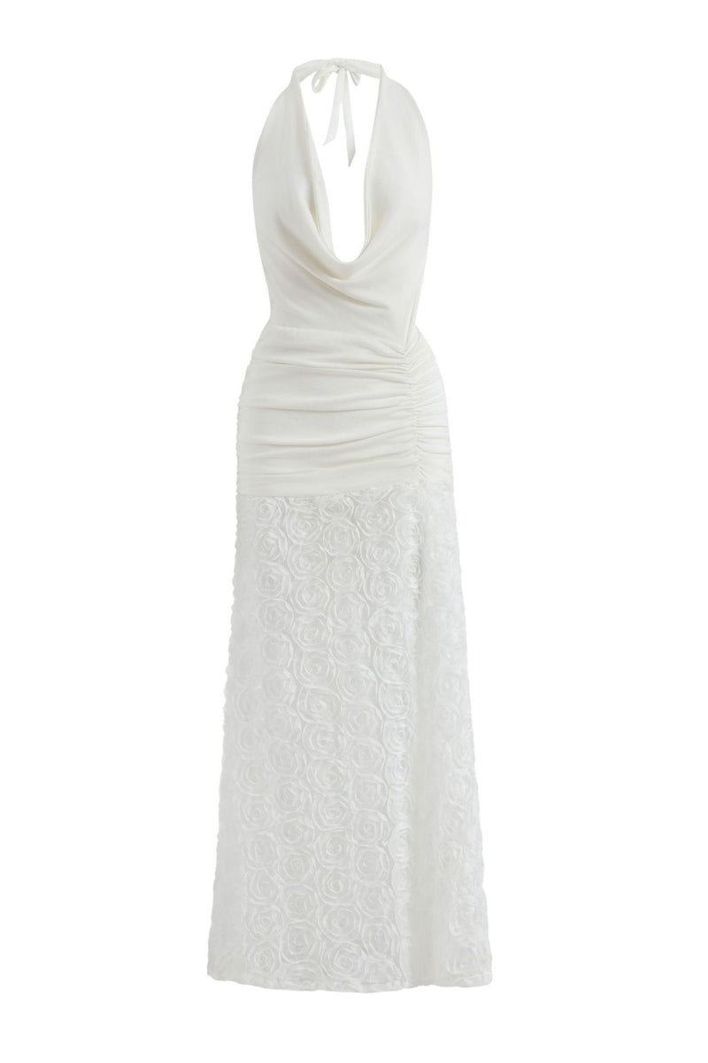 Evelina Plunge Neck Rosette Maxi Dress