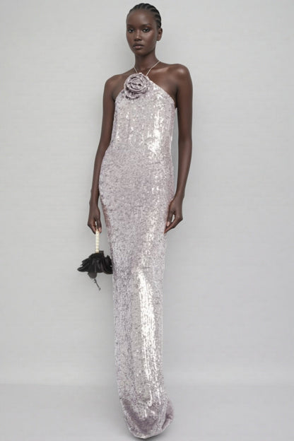 Soraya Silver Sequin 3d Maxi Dress