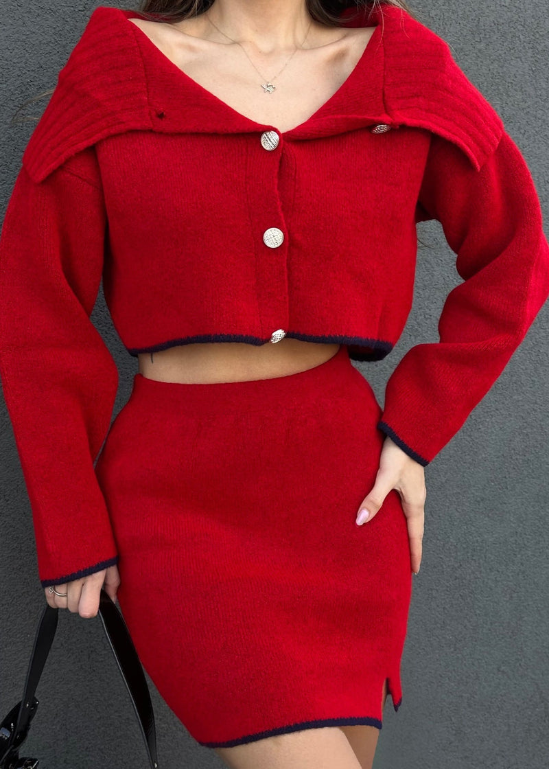 Scarlett - Off-shoulder Knit Cardigan & Mini Skirt Set