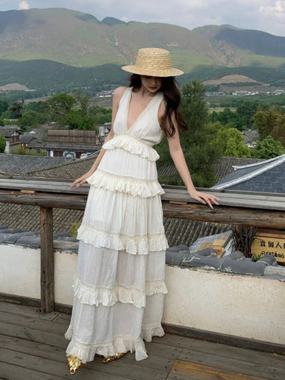 French Soft Ruffle Tiered Maxi Dress _ Cotton Linen Vacation Gown for Summer Gunne Sax Dress