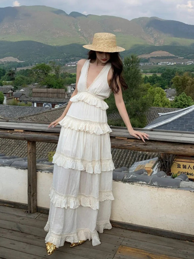 French Soft Ruffle Tiered Maxi Dress _ Cotton Linen Vacation Gown for Summer Gunne Sax Dress