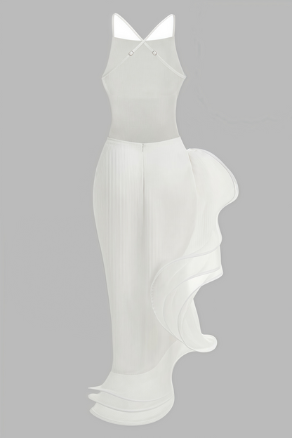 Valelk White Halter Ruffle Maxi Dress