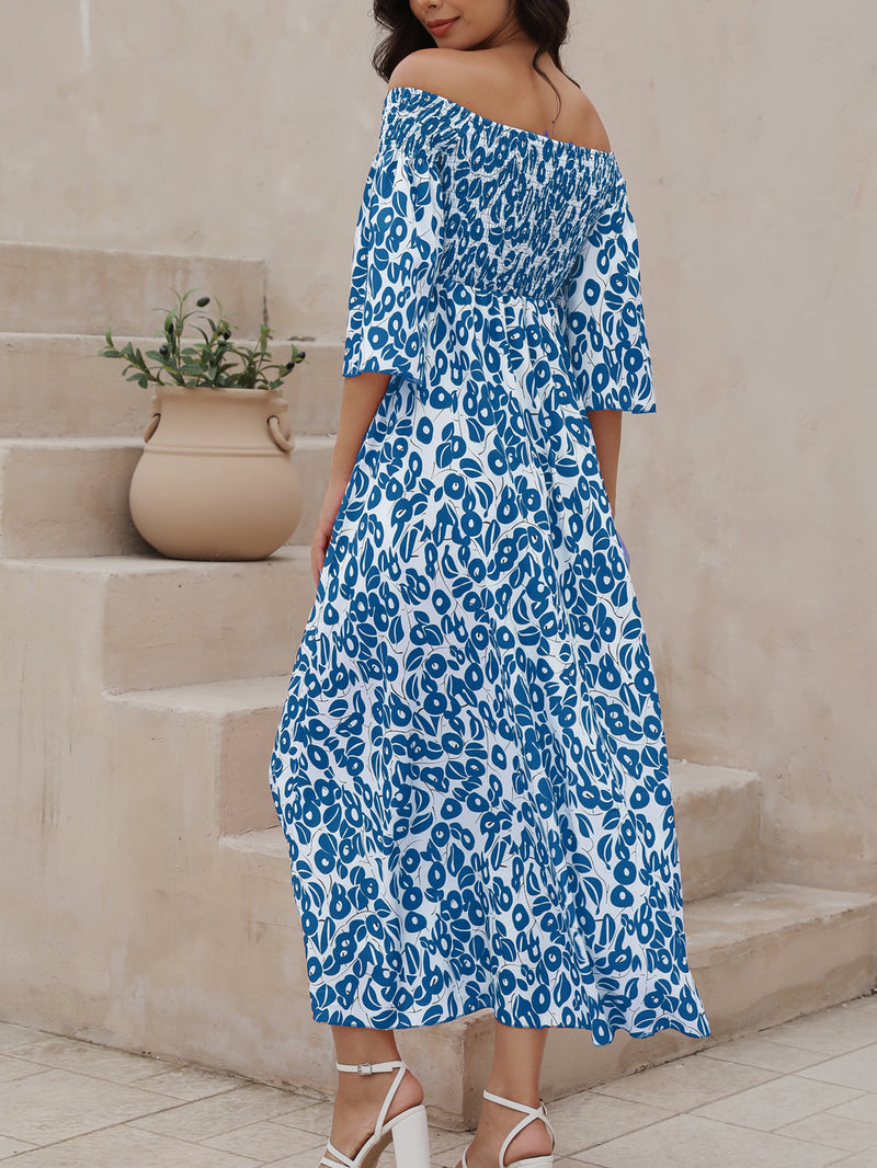 ' Vacation Flower Street Printed Off Shoulder Waist Pocket Long Dress