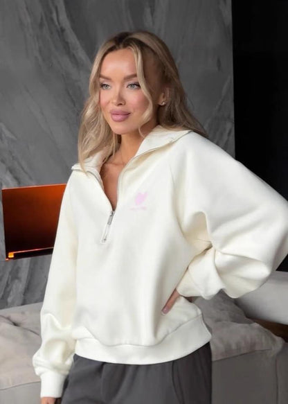 Cozy Quarter-zip Sweatshirt - Embroidered Heart Detail